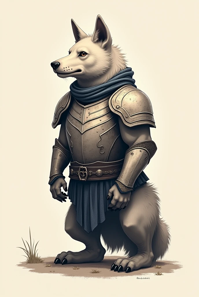 Short-snouted guardian animal tattoo,offwhite, head proportional to the body,wearing armor