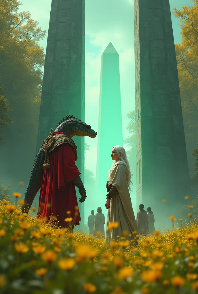 A strong reptilian in red ceremonial attire and a white-haired Nordic man wearing elven robes, They are in front of two French obelisks made of emerald placed in the middle of a field with yellow flowers. Between these obelisks a spiritual portal opens from which children of all ethnicities emerge. 