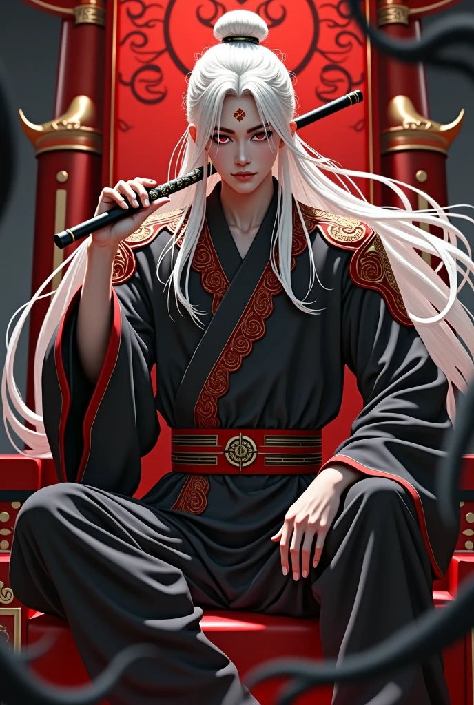 A full body image of a 20 year old boy with red eyes, long white hair loose with black ancient Chinese robes with red and gold details, with a small mark in the middle of his forehead in the shape of a four-petaled red flower.
He has to be sitting on a crimson throne surrounded by black energy.
He has a slight smile on his lips and in his hand he has a black flute and he has to be balancing the flute in his right hand between his fingers..