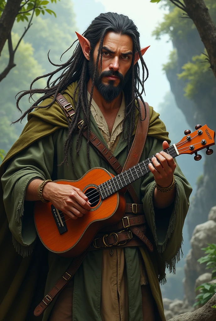 bard, half elf, masculine, de dreads, com um ukulele, with a vertical line of hair on the chin inspired by the RPG game Dungeon & dragons
