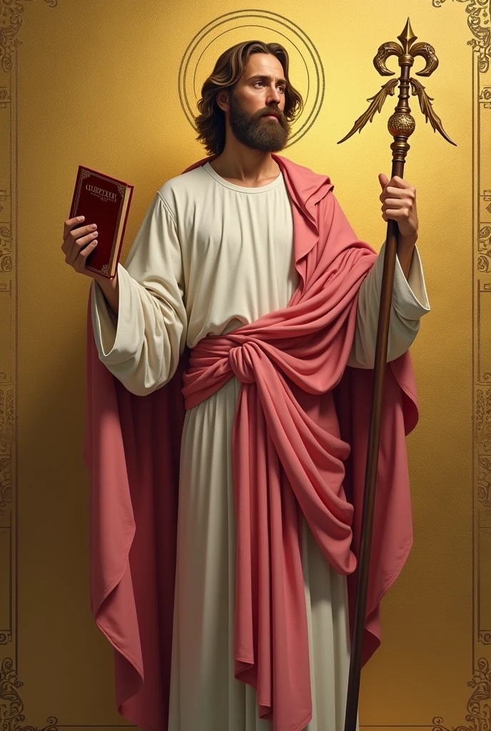 apostle saint matthew, patron of accounting, standing, with a white tunic and a pinkish red cloak, holding his gospel and his staff, and in the background a golden wall with a symbol "caduceus painted on the side"