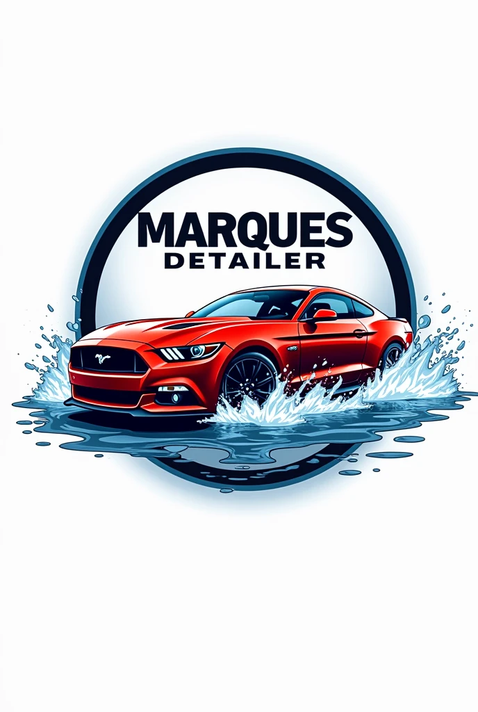 Create a logo of a red car being washed with the name Marques detailer on the image with the round image