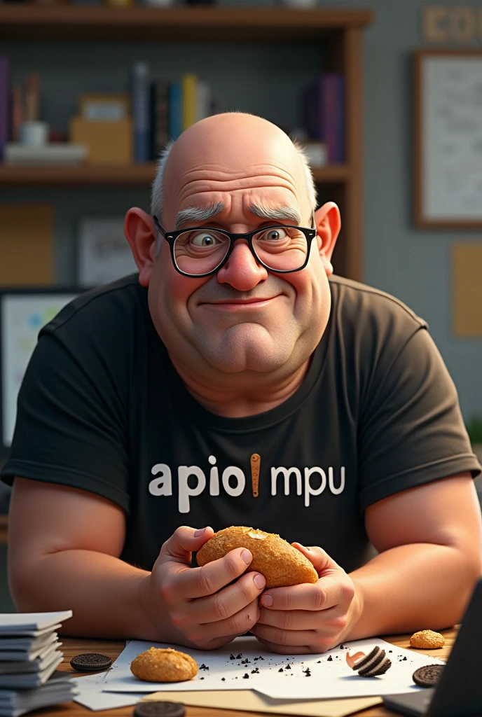 white male, aged 50, baldie, cheeky, Scrawny, but very pot-bellied, wrinkled face, wearing glasses, eating baguette with ham, leaning against a cluttered computer desk, stacks of papers, Oreo crumbs and cookies. Wearing a black shirt with the phrase APOI0 MPU