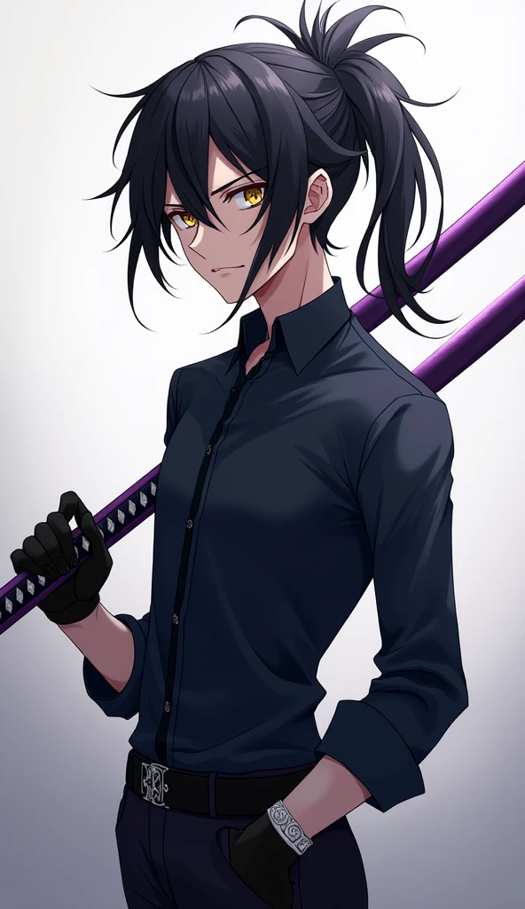 Create an anime style character, male gender with short and long, slightly spiky black hair with the fringe covering the face a little on the left side and with a giant ponytail, yellow  eyes, eyes large, Black blouse with dark blue shirt, black gloves, black pants with men&#39;s black boots, with a purple sheathed katana on his back.