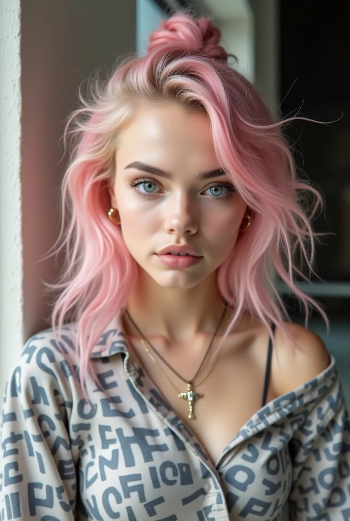 Girl with pink hair with nothing on laying in a bed provocatively 