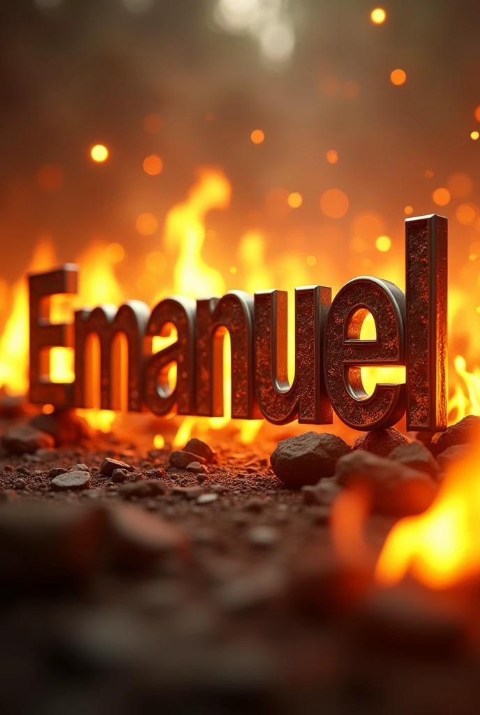 Create an excellent design with gold colors, fire, light with the word Emanuel in 3D