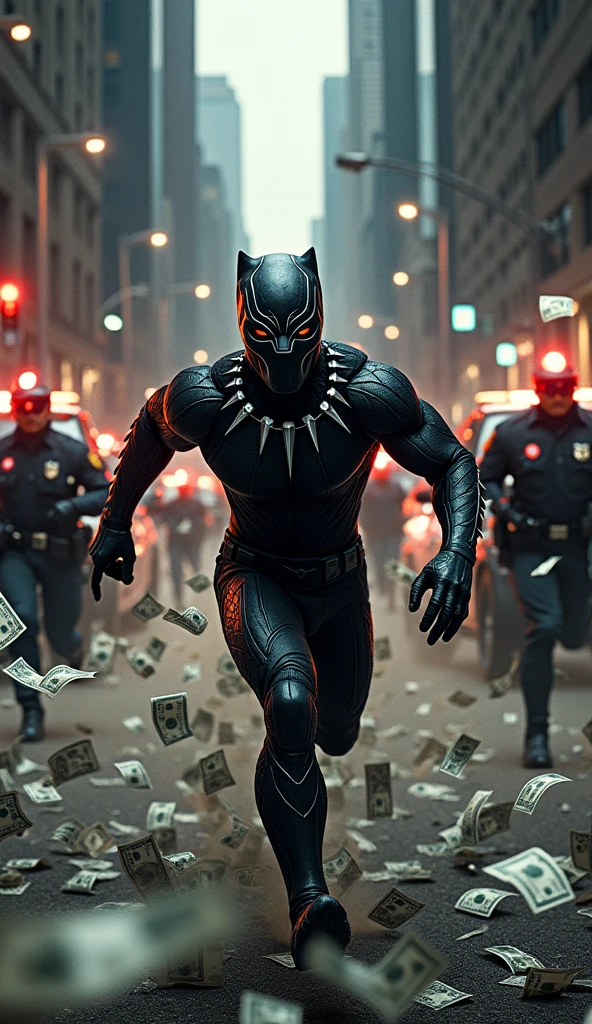 Make a picture in which Black panther is running away with a lot of money and the money is scattered everywhere and the police has surrounded him from all sides 