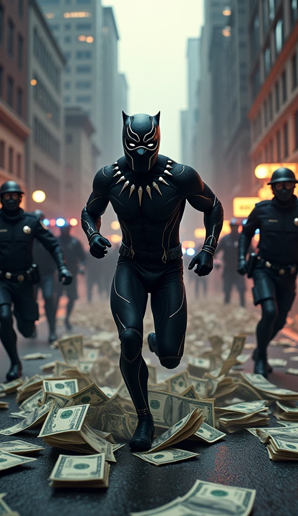 Make a picture in which Black panther is running away with a lot of money and the money is scattered everywhere and the police has surrounded him from all sides