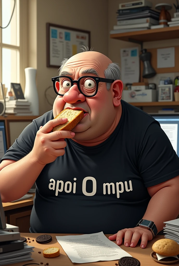 white male, aged 50, baldie, cheeky, Scrawny, but very pot-bellied, wrinkled face, wearing glasses, eating baguette with ham, leaning against a cluttered computer desk, stacks of papers, Oreo crumbs and cookies. Wearing a black shirt with the phrase APOI0 MPU
