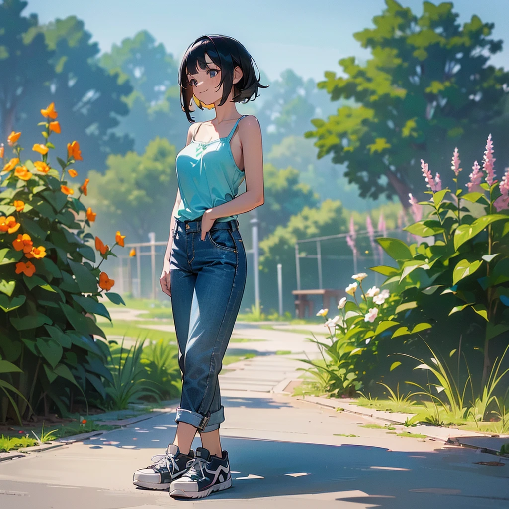 (high quality, High resolution, Very detailed, reality:1.37), Peaceful atmosphere, (Outdoor, garden), age girl standing alone, (my brea big.), Beautiful details, Cute Smile, (Black bob hair), camisole, Denim pants, Blue socks, sneakers.
