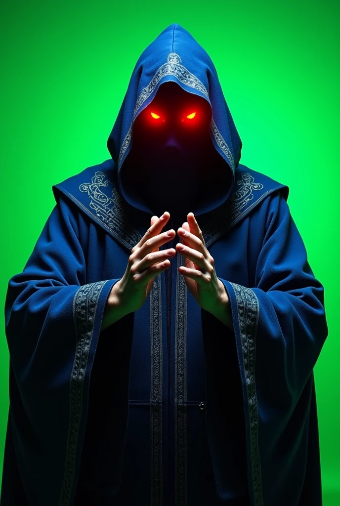 wizard with his face covered and only two bright red eyes visible on his face, the wizard has a blue hood and his hands are raised, in green screen