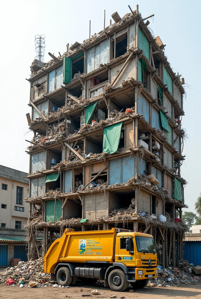 A building completed with waste material and a vehicle cleaning up the building with name site clear waste service Abuja
Let the writing show well and this phone number 07087971851