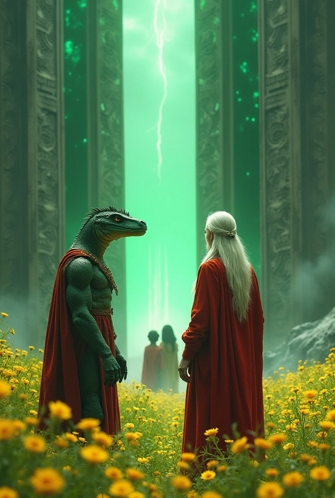 A strong humanoid reptilian in red ceremonial attire and a white-haired Nordic man wearing elven robes, They are in front of two French obelisks made of emerald placed in the middle of a field with yellow flowers. Between these obelisks a spiritual portal opens from which children of all ethnicities emerge. 