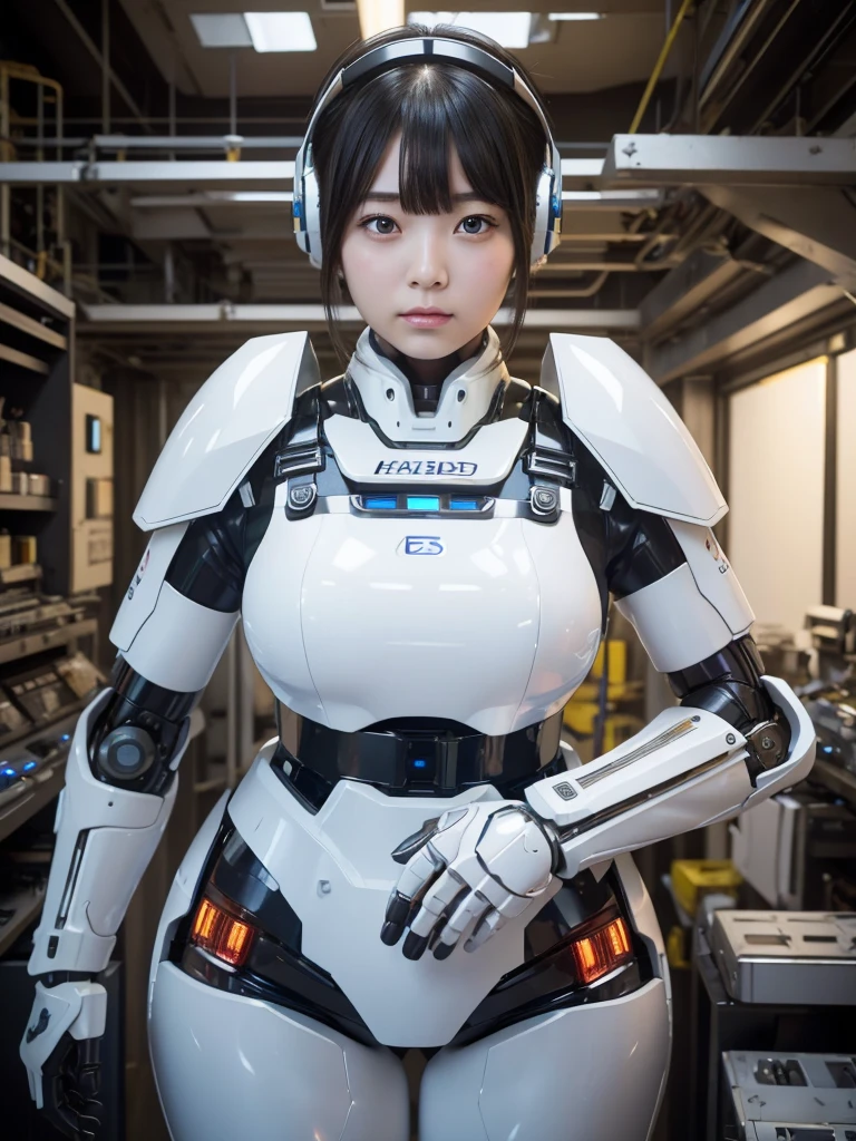 masterpiece, Highest quality, Very detailed, Japanese Android girl,Plump,Slightly thicker,Control panel,robot arms,robot,Android,cyborg,white robot body,Blunt bangs,robot repair plant,Fighter cockpit,Harness Belt,headset