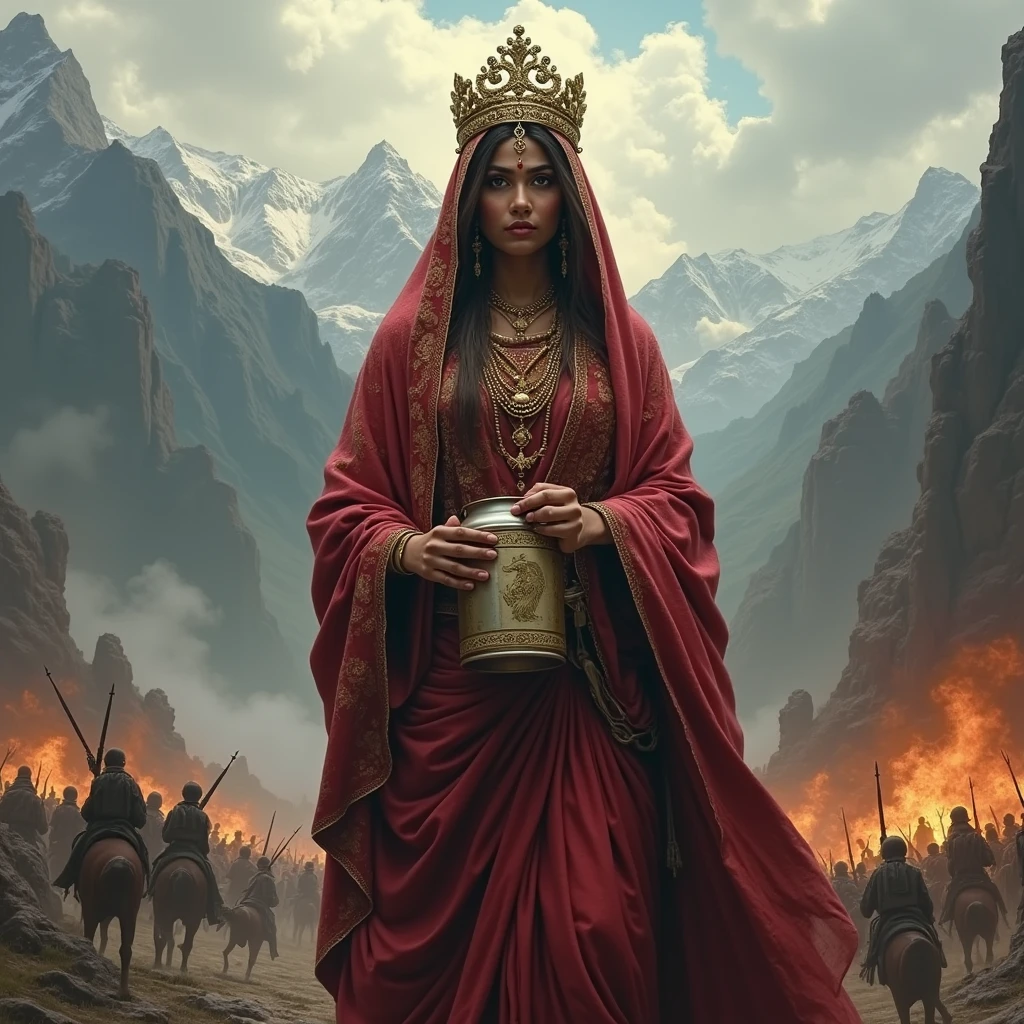 A South Indian queen, who is Hindu, is holding a oil can , with mountains and battlefields in the background , queen make s suicide bomber, she the queen sprinkled oil on herself , she sprinkled oil himself , oil