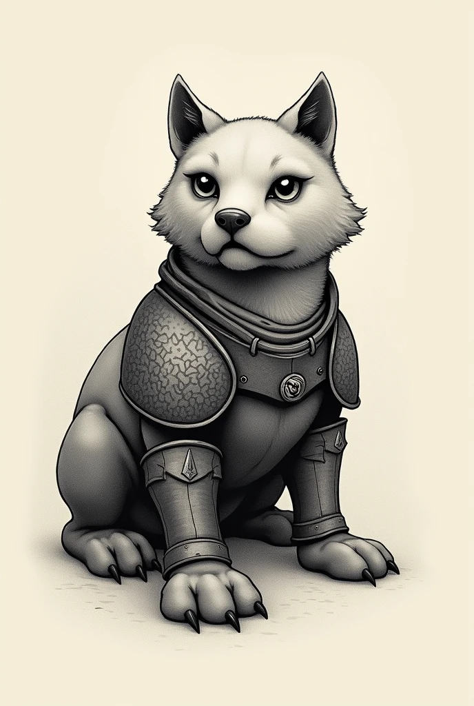 Short-snouted guardian animal tattoo,offwhite, head proportional to the body,wearing armor