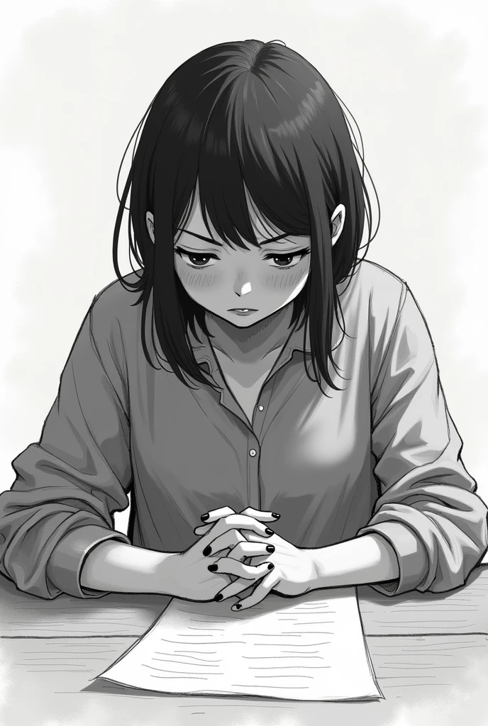 The character is sitting at a desk, hunched over a piece of paper. Their brow is furrowed in concentration, and their lips are slightly parted as if they are about to speak. Their eyes are fixed on the paper, but they seem to be seeing something else entirely. Their hands are clasped together, and their fingers are tapping nervously. They are clearly deep in thought, and they are struggling to make a decision. Sketch