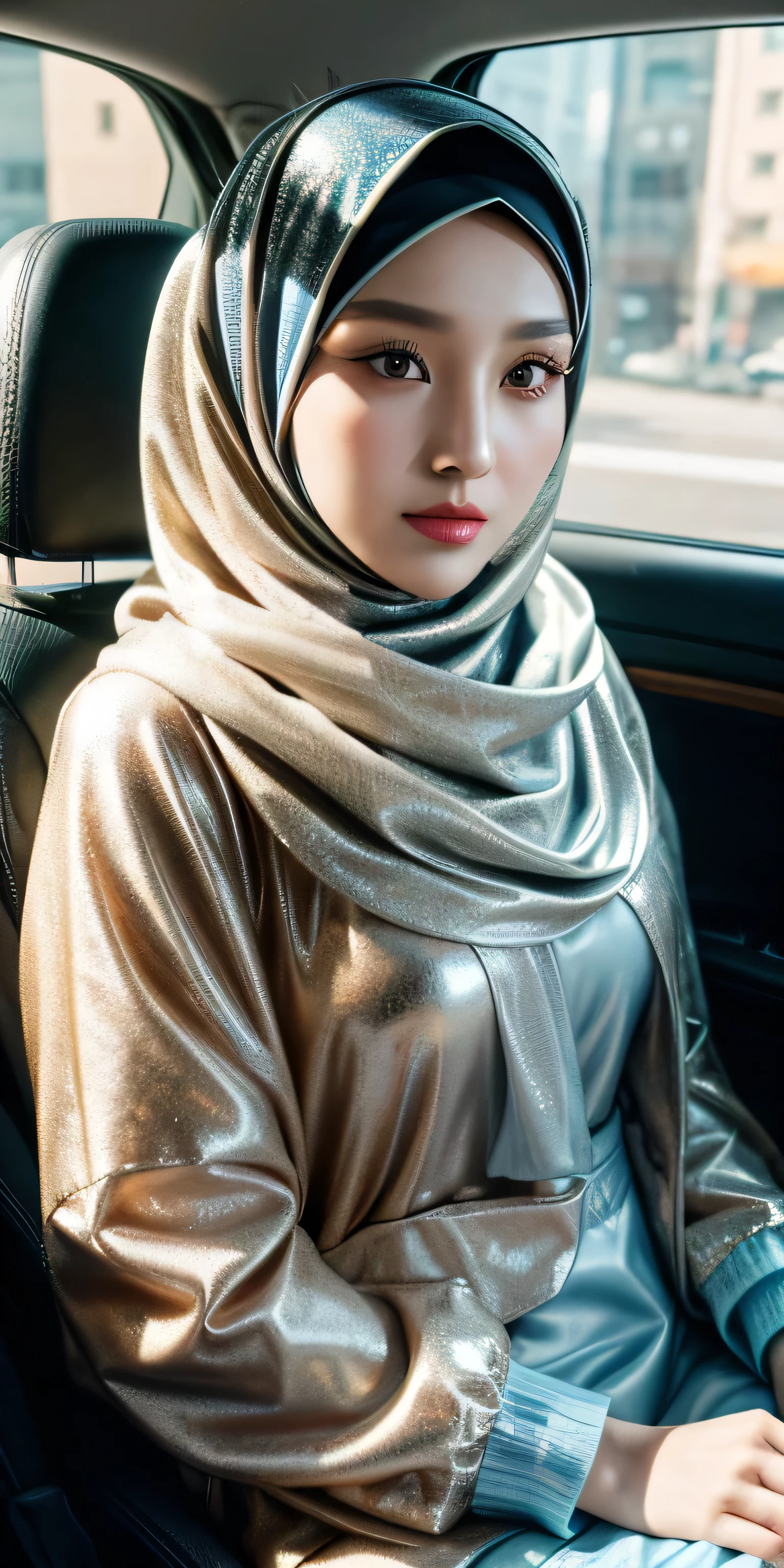 Kazakhtan cute girl, beautiful girl in hijab, 1 girl, perfect face, expressive eyes, softlens, makeup, eyeshadow, eyeliner, luxurious hijab, patterned hijab, hijab decoration, brooch, shiny lips, sitting in the car seat, driving