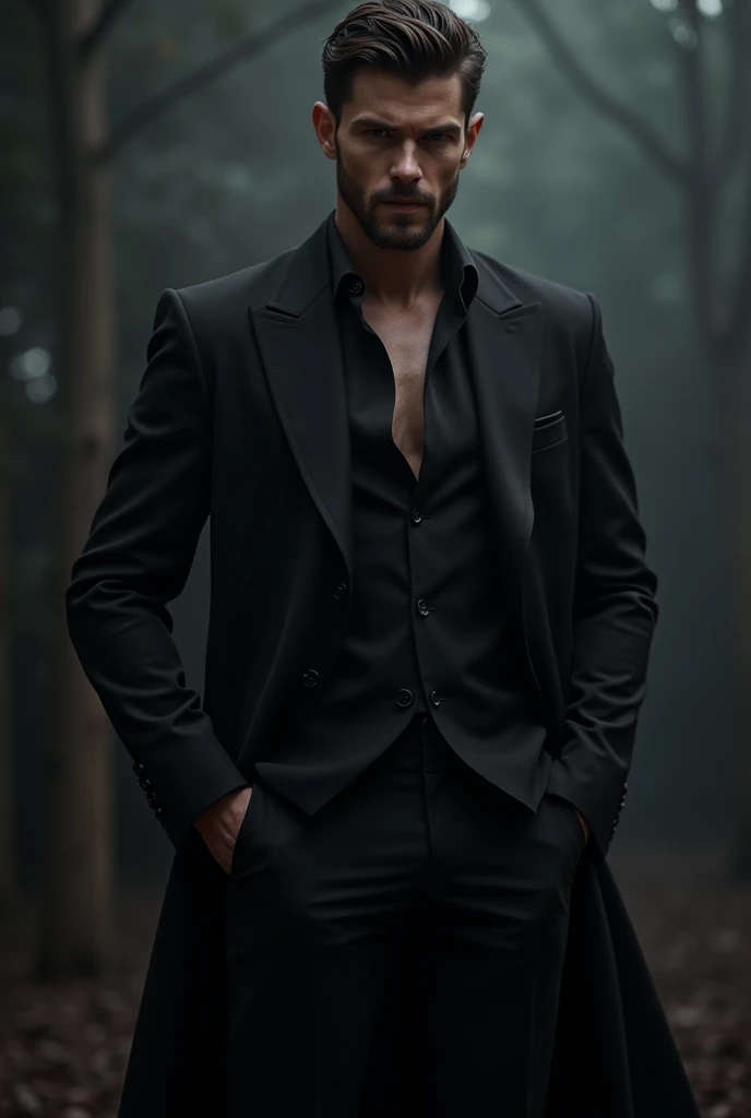 30 year old man, without beard without mustache , of 1.90 , muscular , black dress , dark romance book fiction, by something wide