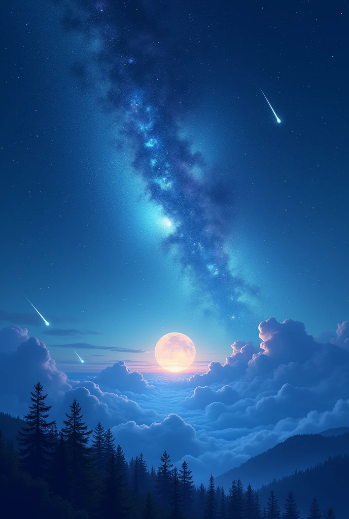 best quality, Full-HD, landscape, space, the universe, the cosmos, the galaxy, blue background, gradient blue background, with a moon, with stardust, with a starry sky, with a nebula, with shooting stars, a single large shooting star falling, with a meteor, surrounded by stars and a meteor shower, with a meteor shower, with a comet, at midnight, at night, at dawn