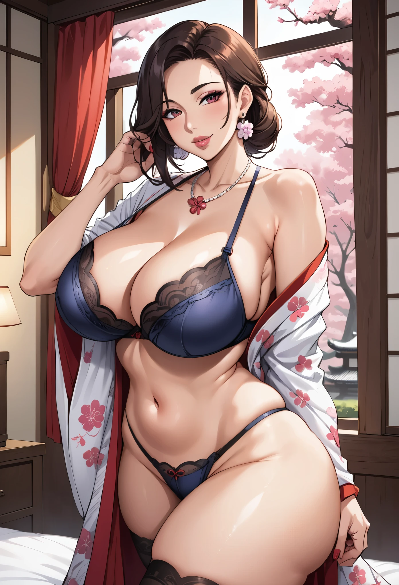 mature female, mom, milf, 40 year old woman, ((thick lips)), (puffy lips), seductive smile, parted lips, makeup, tall, wide waist, ((wide hips)), (((thick thighs))), big ass, (huge breasts) ,cleavage, tall, oily breasts, open kimono, floral print, bra, thighhighs, (big earrings), necklace, indoors, japanese garden, cherry blossoms, window, curtains, japanese architecture, ((sexy pose)), dynamic pose, hip and thigh focus, realistic lighting, head tilt, painted nails, dutch angle, hand in on hair, on bed,
