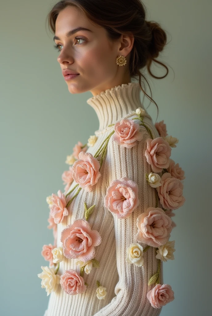 European woman model wearing knitted dress with lots of small crochet flowers sewn onto the dress. Show the model's entire body.