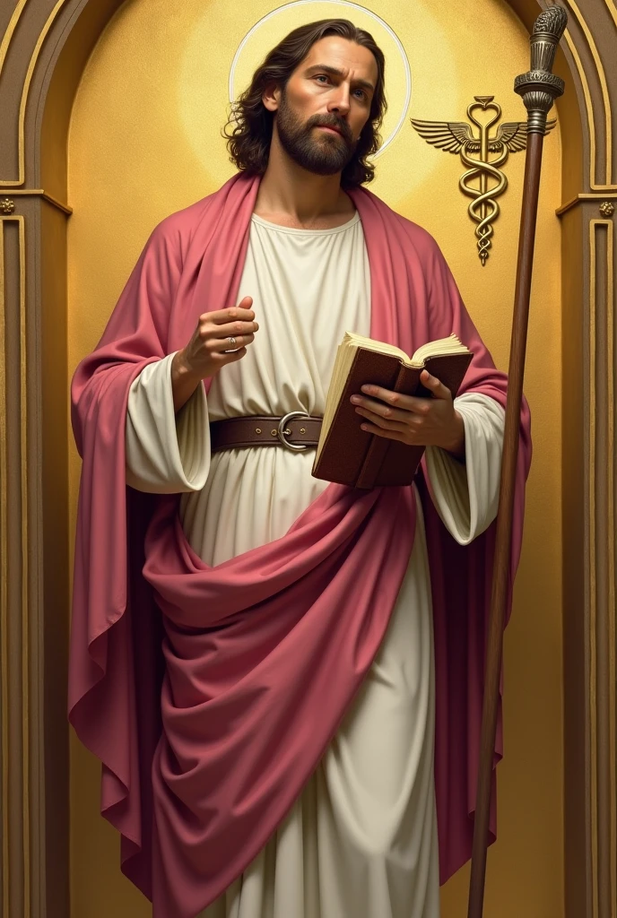 apostle saint matthew, patron of accounting, standing, with a white tunic and a pinkish red cloak, holding his gospel and his staff, and in the background a golden wall with a symbol "caduceus painted on the side"