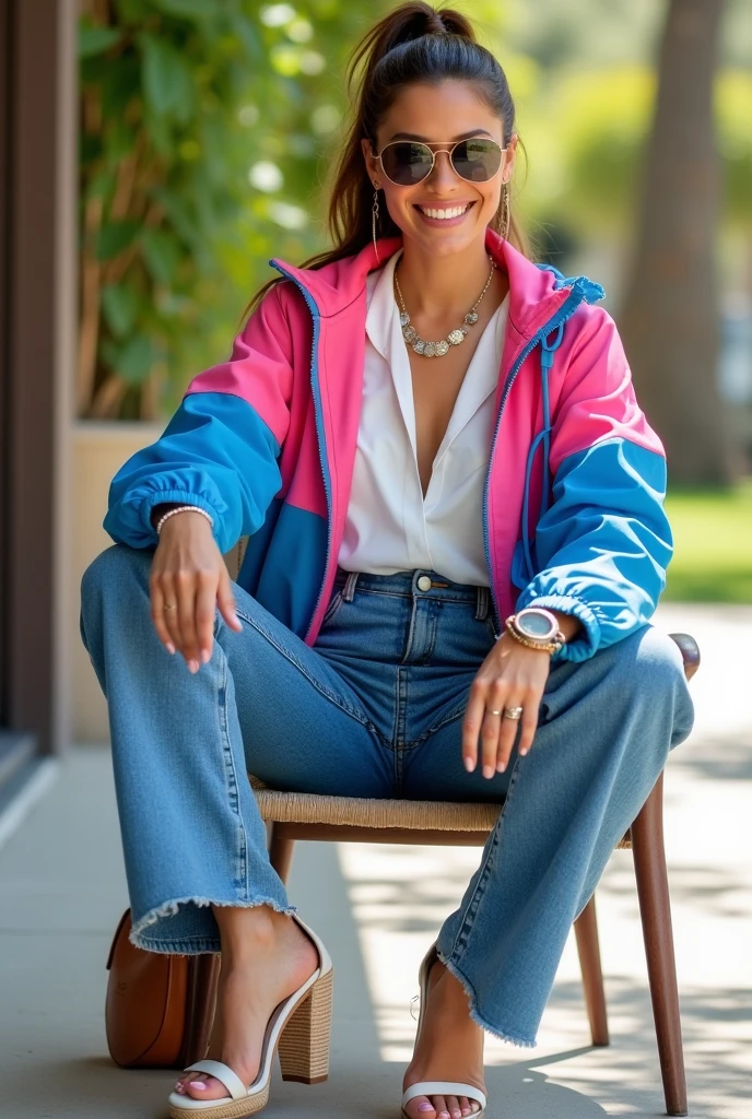 Full body beautiful white skin latin woman, 5'7" tall, ponytail medium brown hair, deep green eyes, wearing coloured white, dark blue and pink zipped up windbreaker shell down nylon jacket, rolled up sleeves, zipping up jacket, white formal button down blouse with up collar over jacket, cleavage, belted high waisted wide legs denim pants, happy smile, sitting on chair outside, high hill sandals, summer sunny day, bag, sun glasses over head, watch and bracelet, neck chain, crossing legs