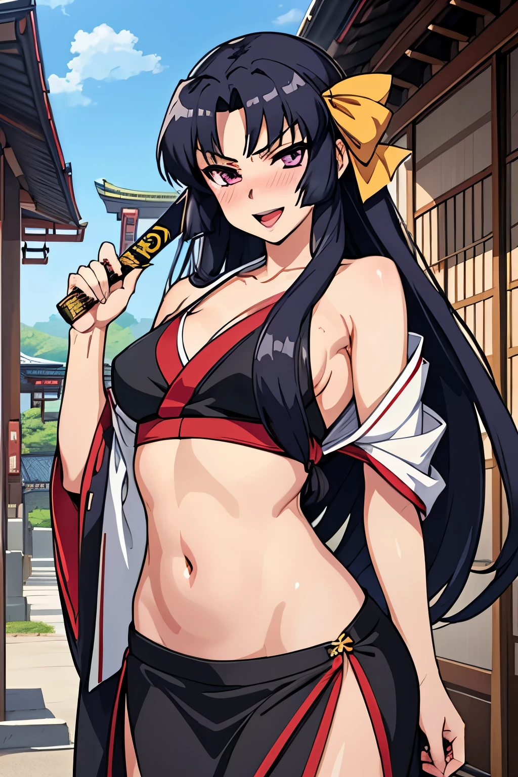 , 1girl, kurugaya yuiko, blush, lipstick, long hair, Hot girl, baddie, staring, glaring, bad attitude, mean girl, crazy, smoking, masterpiece, best quality, highly detailed, a anime girl in kimono dress ,holding sword, bare
shoulder,open kimono, evil smile, open mouth, crop top , (nsfw) not safe for work, smile, ecchi anime
style, anime girls, ecchi style, ecchi, digital anime art!!, in anime style, official artwork, visual novel cg,
beautiful anime girl, anime style 4 k, kimono pencil skirt, exposed belly, exposed navel,
exposed midriff, exposed lower belly, outdoor, japanese architecture, temple