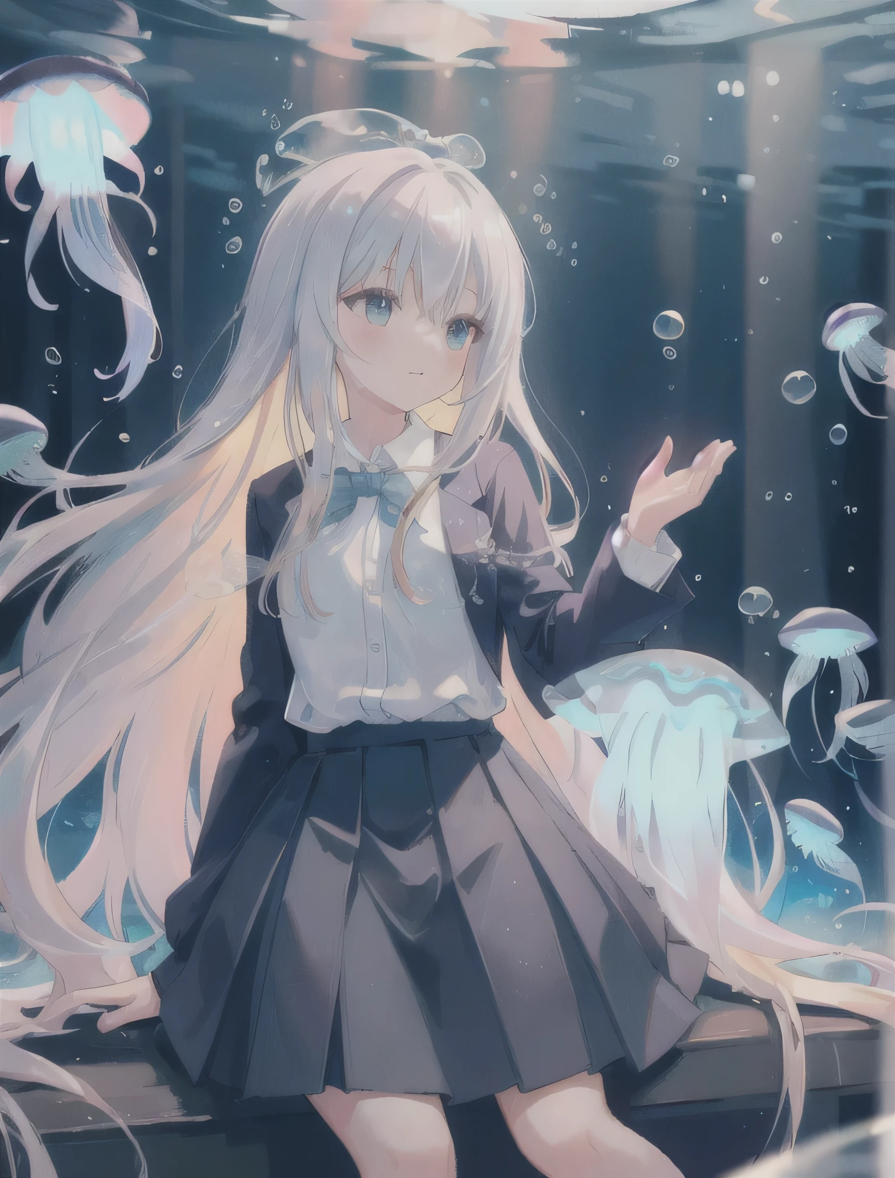 (masterpiece:1.3),(Highest quality:1.2),8k,Confused,unity 8k wallpaper,(Very detailed:1.3),the best,High resolution,wonderful,shape,Beautiful studio soft light,Stunningly beautiful,incredibly Confused,Sharp details,Cinema Lighting,Moody lighting,Pixiv,Award-winning, Professional, Very detailed,Face in perfect detail,、
transportation facilities_Against_window, 1 person, alone, Colorful long blonde hair, skirt, Long sleeve, Sitting, school uniform, Gray Hair, pleated skirt, shoes, Seraphim, fish, bubble, Blue Theme, (Underwater:1.2), (air bubble:1.3), Inside the train, (Surreal:1.2), (jellyfish:1.2), (whale:1.1),(fish:1.2),Blurred foreground,
