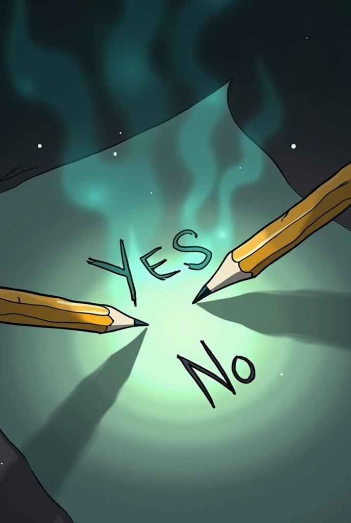 Charlie Charlie horror game with pencils on a sheet that says yes or no animated style