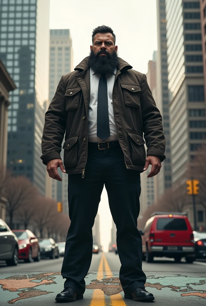 5 man , blackquality hair ,lumberjack style beard , has 1,71 meters , 105 kilos, jacket and tie, with image of New York in the background , at the feet there is a world map.