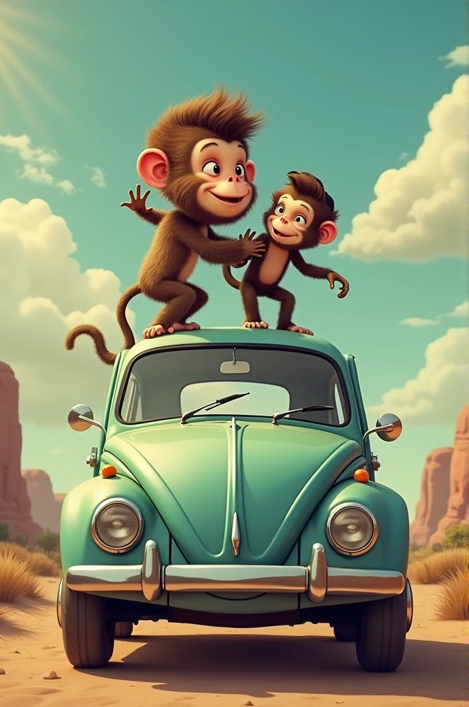 He makes a monkey on top of a car