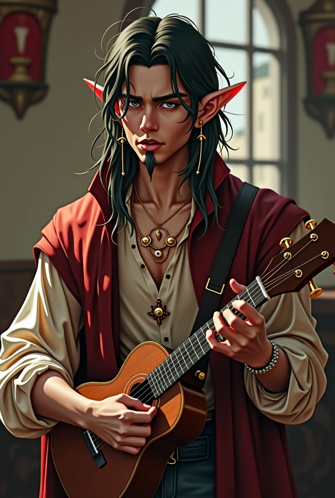 bard, half elf, masculine, de maoicano com um ukulele, with a vertical line of hair on the chin inspired by the RPG game Dungeon & dragons