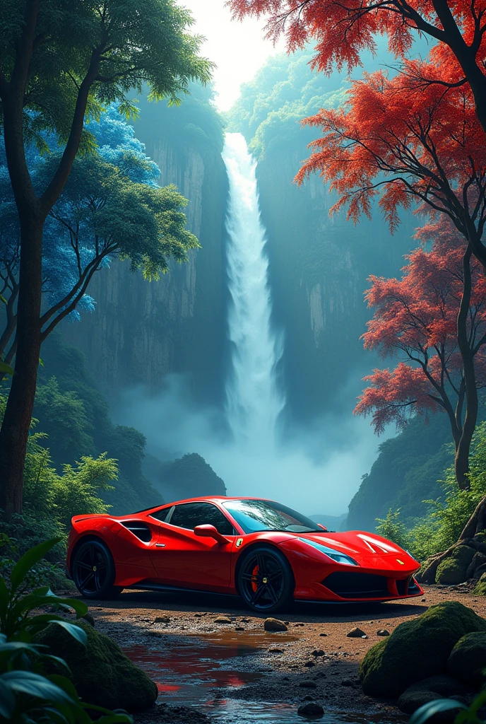 A red car at the middle of the jungle on that car prabhas photo print and beside trees are half blue half red back side of the car waterfall