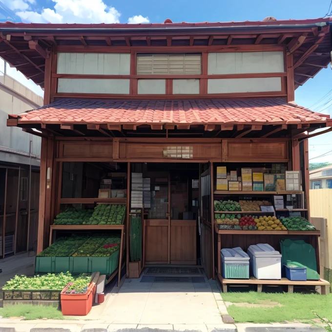 facade, front, Outdoor, Fruit market novel style, Rempie, Large environment, unmanned, Single location, anime, scenery, Horizontal view