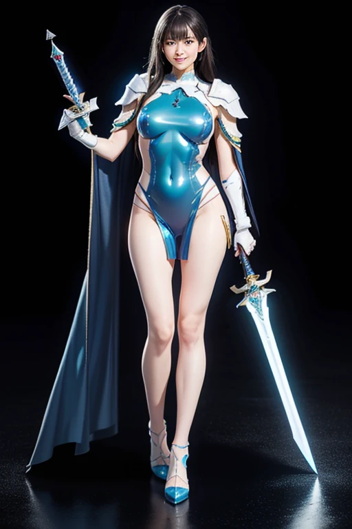 (8k), (Highest quality: 1.2), (Realistic), (Realistic: 1.37), Ultra-high resolution, 1 person, cute, Smiling face, Beautiful details, narrow, (Large Breasts), Iridescent, Eyes with heterochromia, Platinum-colored heavy mechanical armor, transparent, Sexy muscular female body, whole body.Long, slender legs、Glowing Sword、whole body、Floating in the sky