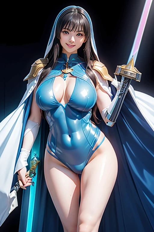 
(8k), (Highest quality: 1.2), (Realistic), (Realistic: 1.37), Ultra-high resolution, 1 person, cute, Smiling face, Beautiful details, narrow, (Large Breasts), Iridescent cloak, Rainbow Sword, Marine blue heavy mecha armor, transparent, Sexy muscular female body, whole body.Long, slender legs、Glowing Sword、whole body、Floating in the sky 