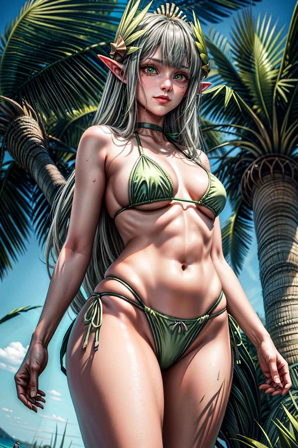 muelsyse_arknights, elf, (gray hair:1.4), (green eyes:1.5), long hair, (small breasts:1.2), thicc thighs, curvy hips, tanlines, swimsuit mark,
BREAK, (bikini:1.4),
BREAK looking at viewer, at beach, (sweaty body), ((smirk)), (sweaty:1.3), (from below), (frontal view),
BREAK (masterpiece:1.2), best quality, high resolution, unity 8k wallpaper, (illustration:0.8), (beautiful detailed eyes:1.6), extremely detailed face, perfect lighting, extremely detailed CG, (perfect anatomy), 