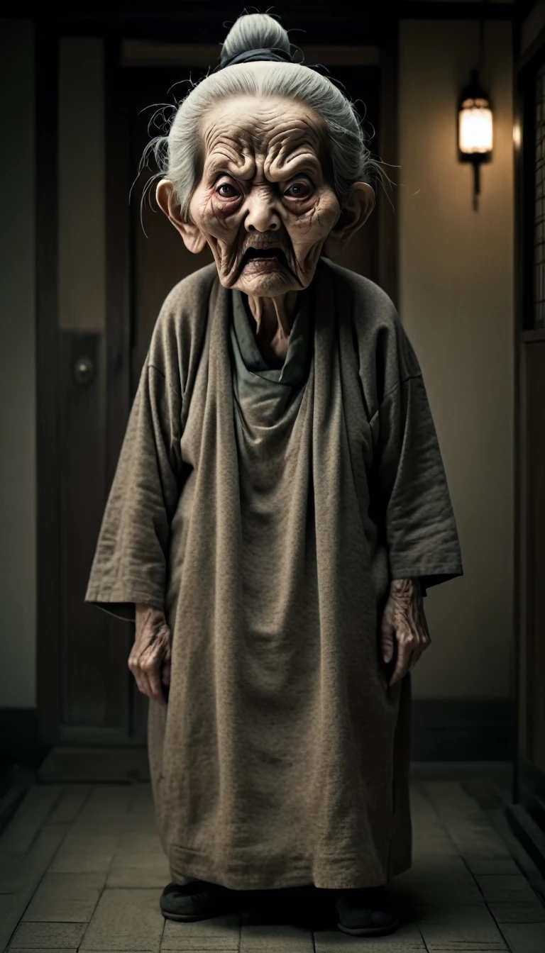 Full Body Shot、Horror-themed movie stills,Scary big-headed old WOMAN WITH WRINKLED FACE AND LARGE NOSE,(Head size 1:4) (Full body portrait:1.3), (Detailed old man evil face:1.4), Wearing loose Japanese clothing, Shallow depth of field, Vignette, Very detailed, High budget, Bokeh, CinemaScope, Sulky, amazing, nice, Film Grain, granular . Creepy, Anxious, dark, Creepyな, Suspenseful, strict, Very detailed