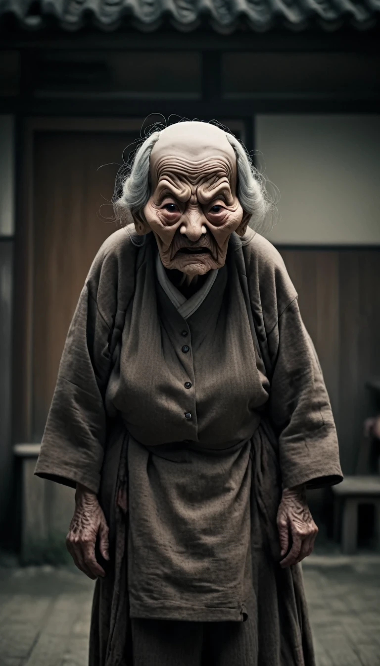 Full Body Shot、Horror-themed movie stills,Scary big-headed old WOMAN WITH WRINKLED FACE AND LARGE NOSE,(Head size 1:4) (Full body portrait:1.3), (Detailed old man evil face:1.4), Wearing loose Japanese clothing, Shallow depth of field, Vignette, Very detailed, High budget, Bokeh, CinemaScope, Sulky, amazing, nice, Film Grain, granular . Creepy, Anxious, dark, Creepyな, Suspenseful, strict, Very detailed