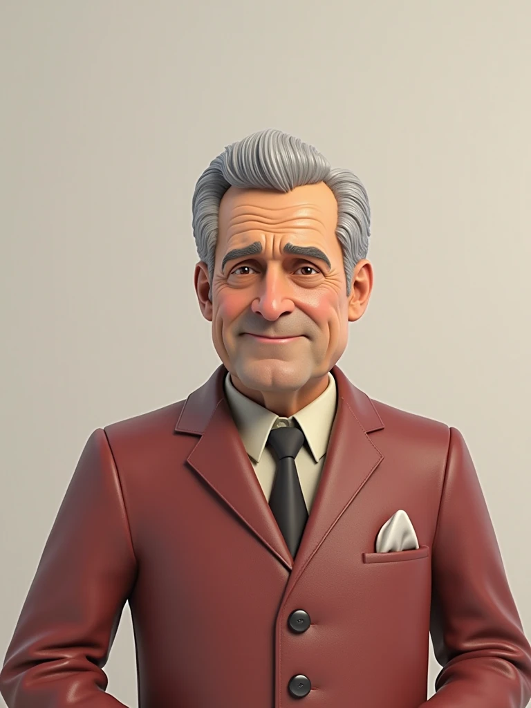 Create a 3D style character, of a 6 man, brown eyes, short gray hair, with a normal mouth, a big and airy nose, thick shadows, wearing dress clothes