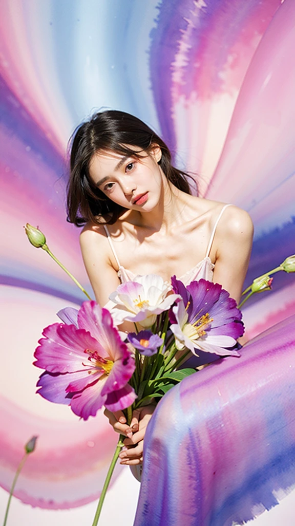 1girl,flower, Lisianthus ,in the style of light pink and light azure, dreamy and romantic compositions, pale pink, ethereal foliage, playful arrangements,fantasy, high contrast, ink strokes, explosions, over exposure, purple and red tone impression , abstract, ((watercolor painting by John Berkey and Jeremy Mann )) brush strokes, negative space,