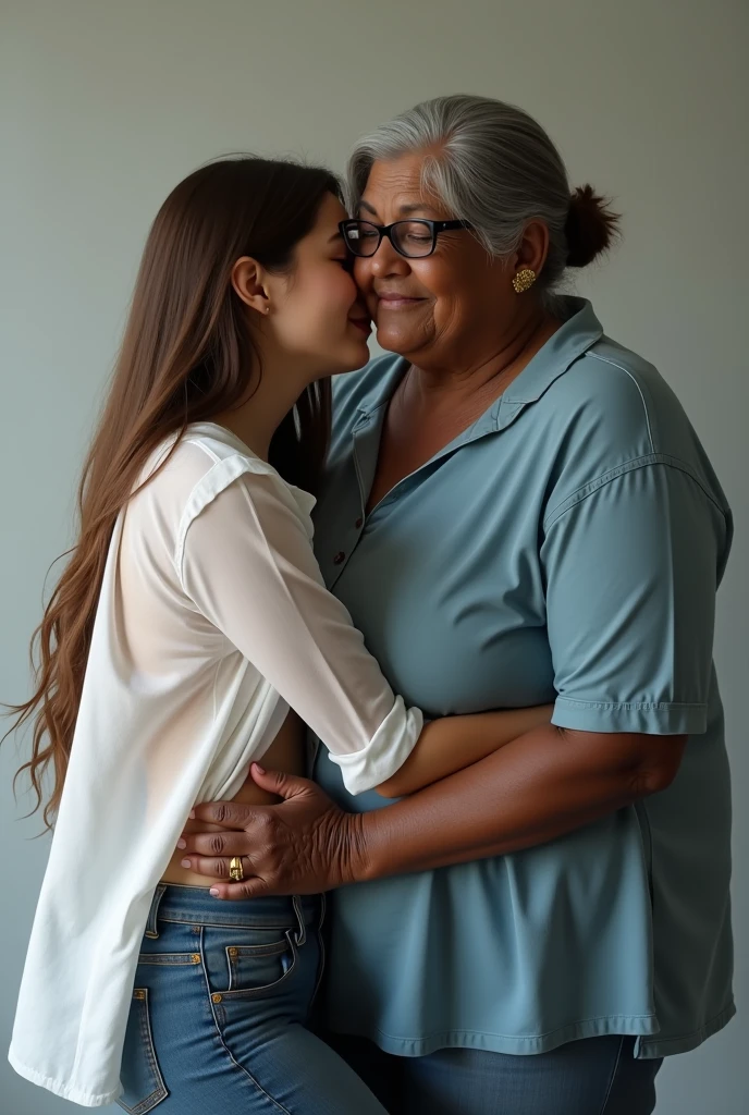 Create a realistic image of a 90 year old lady, who has black skin, that is fat, She is standing and wearing a flowery dress and wearing glasses. She is carrying in her arms, a white-skinned adult woman, AT 35 YEARS OLD, Long brown hair, who is naked and has a bikini mark on her buttocks. They're kissing.
