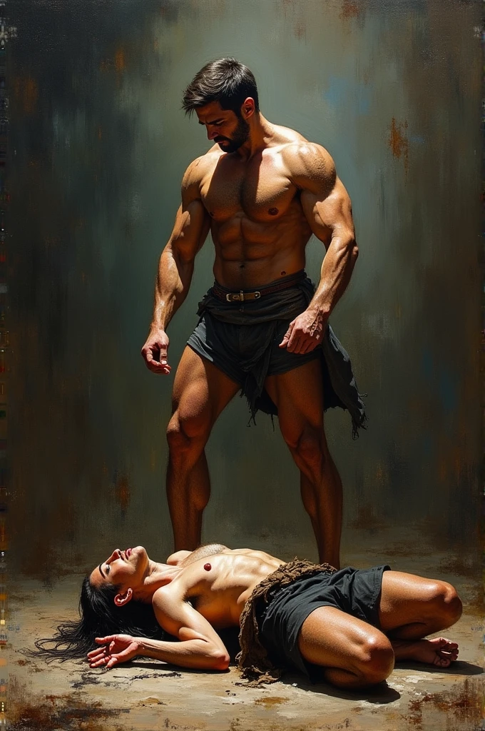 A rough oil paint of a man with his defeated opponent