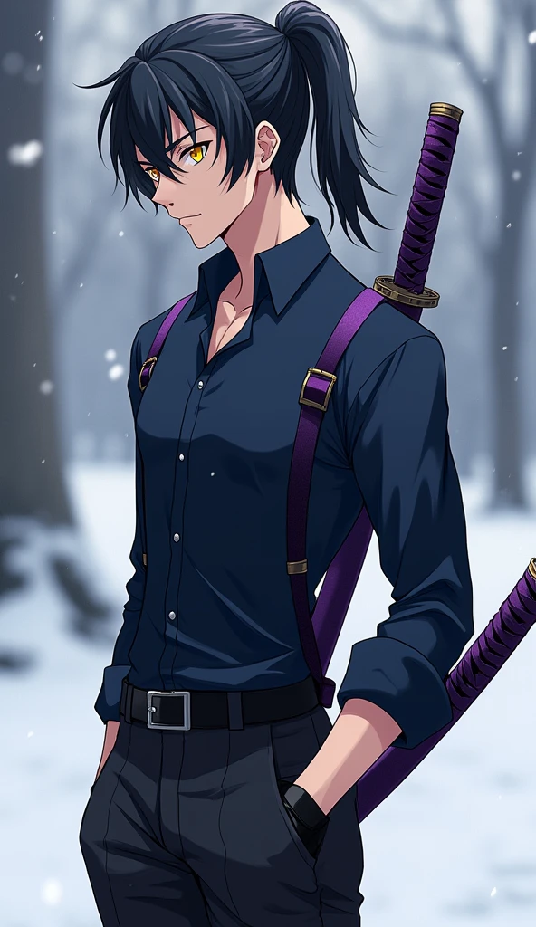 Create an anime style character, male gender with short and long, slightly spiky black hair with the fringe covering the face a little on the left side and with a giant ponytail, yellow eyes, eyes large, Black cold weather blouse with dark blue shirt, black gloves, black pants with men's black boots, with a purple sheathed katana on his back.