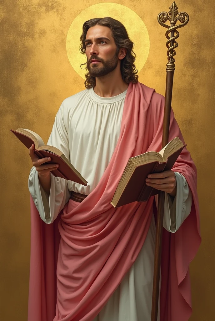 apostle saint matthew, patron of accounting, standing, with a white tunic and a pinkish red cloak, holding his gospel and his staff, and in the background a golden wall with a symbol "caduceus painted on the side"