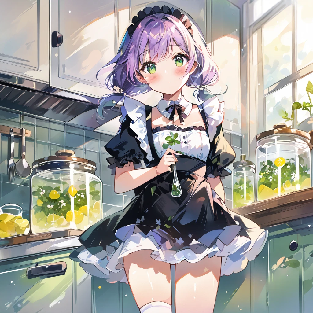 ((best quality, high resolution)), (delicate illustration), (vividcolor style illustration:0.9), (watercolor style illustration:0.4), ((beautiful:1.3)), 4k,
(((1 beautiful woman))), small breasts:0.7, dark green eyes, (blush), ((Black maid outfit, white knee-high socks,)), low-twintails Hair, pale purple hair,German chamomile flowers, lemon balm leaves and water in a clear glass pot, (((Organized kitchen:1.3))), ((glance upward at viewer)), cowboy shot,