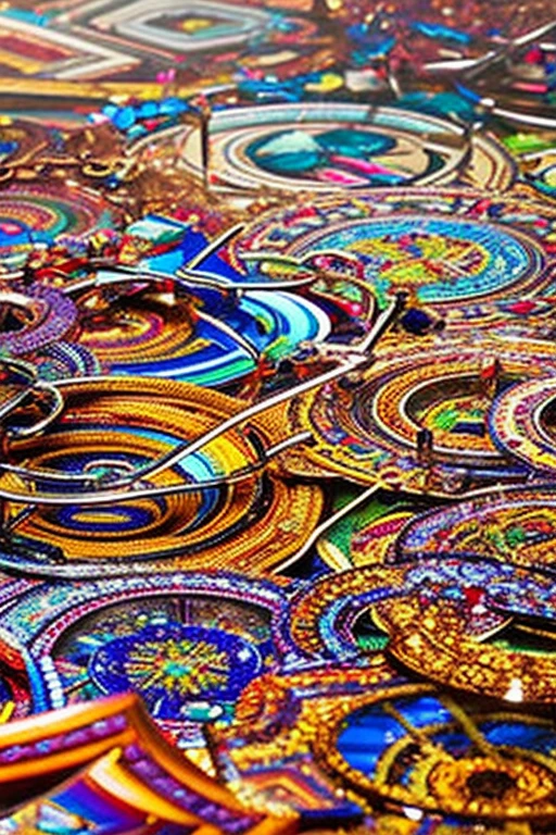 conceptual installation art, (ultra detailed, absolutely resolution, best quality:1.3), 2.5D, chrome-plated puzzle rings, colorful mosaic patterns of many colors, rusty puzzle rings, delicate and dynamic effects, glitter effects, artistic, artistic photography, hyper realistic, CG digital art