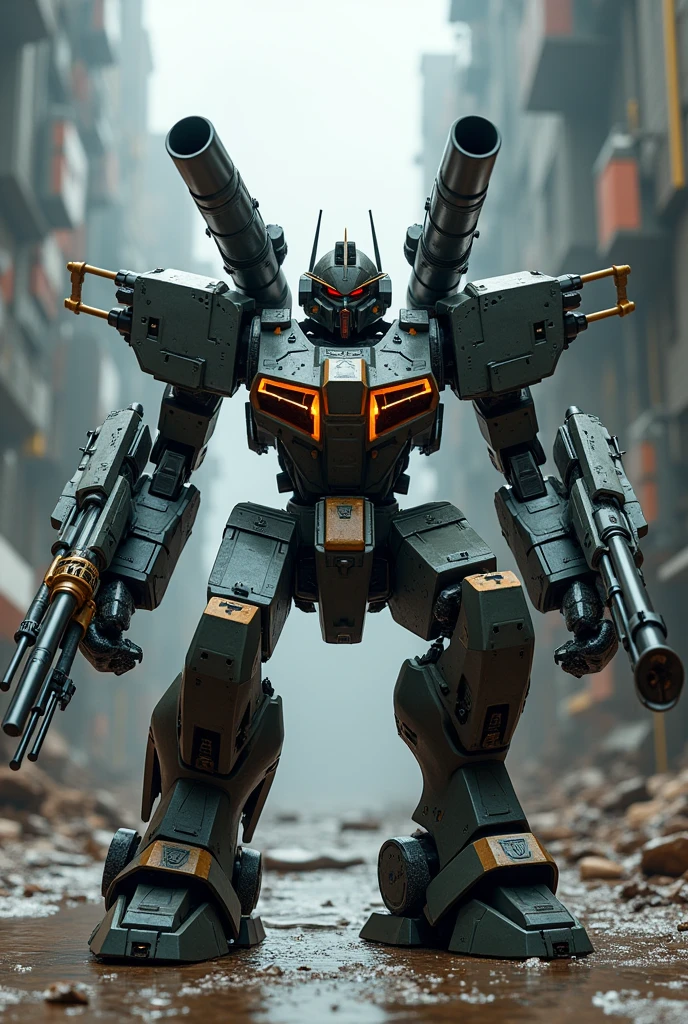 (Highest quality), Detailed Background, Carried on both shoulders(100mm 15-barreled long-range gun)、Armed Mecha、、Kneeling、